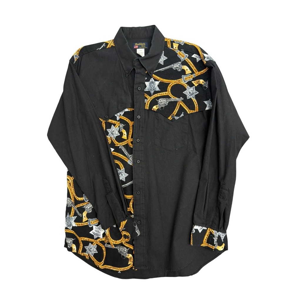 Ruddock Bros Mens Western Shirt Black Sheriff Star Revolver Print Large USA Made